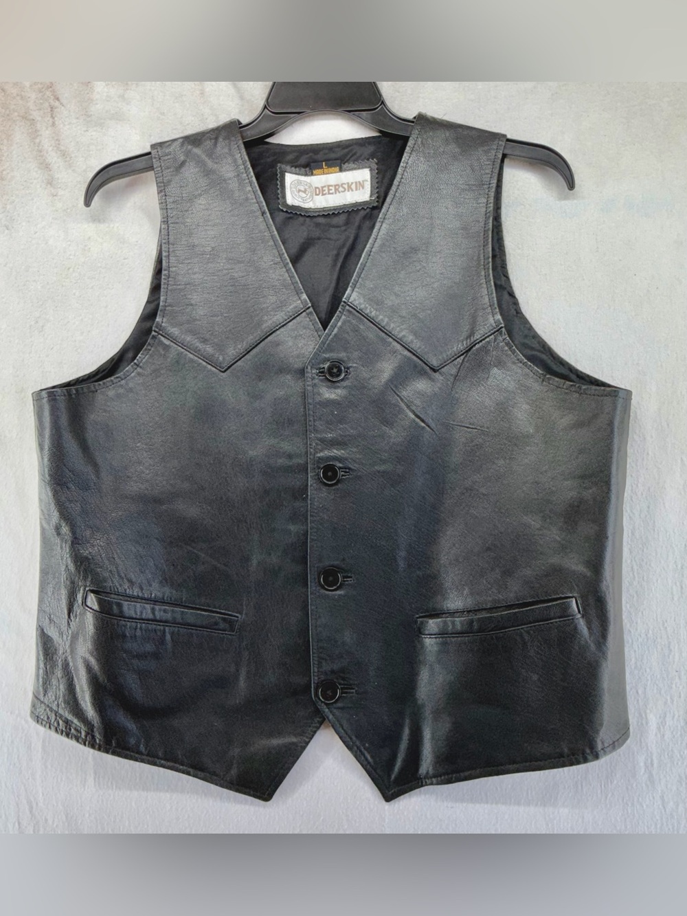 Vintage DEERSKIN Brand Leather WESTERN Biker Vest Black Men’s SIZE LARGE
